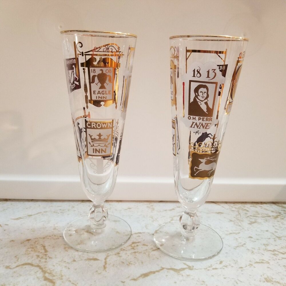 Beer Glasses 10 oz Stemmed Clear Gold Vintage Glass set of 2
